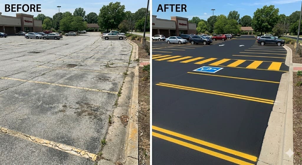 Seal Coat & Stripe comparison — cracked driveway before and newly paved driveway after